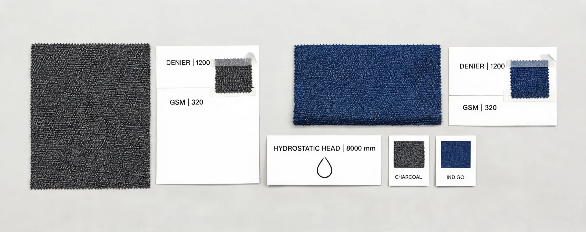 Outdoor performance textile test notes and labeled specimens